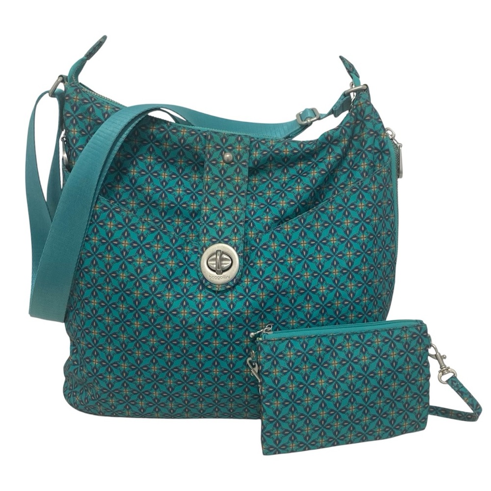 Baggallini Large Teal Geometric Pattern Crossbody Shoulder Bag & Wristlet - EC - Picture 2 of 14